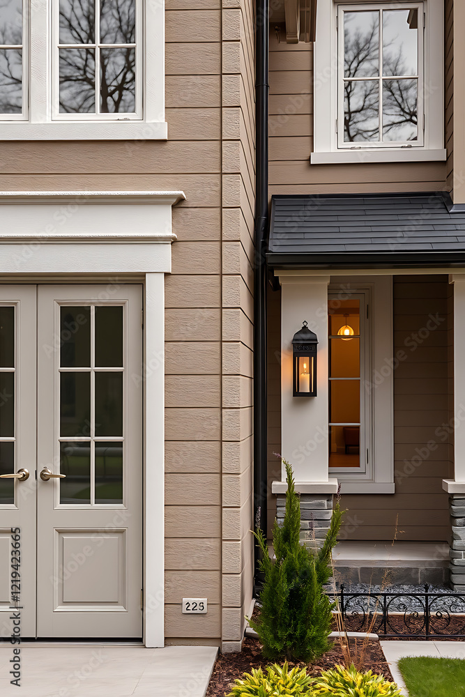 Modern House Exterior: Elegant Home Design and Architecture. Contemporary home facade, landscaping, and luxury entrance. Real estate, residential property. Modern House Exterior: Elegant Home Design and Architecture. Contemporary home facade, landscaping, and luxury entrance. Real estate, residential property.
