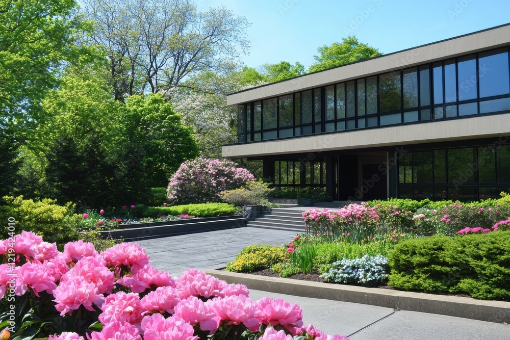 Naklejka premium Beautiful spring day at a modern architectural building surrounded by vibrant blooming flowers and lush greenery in a public garden setting