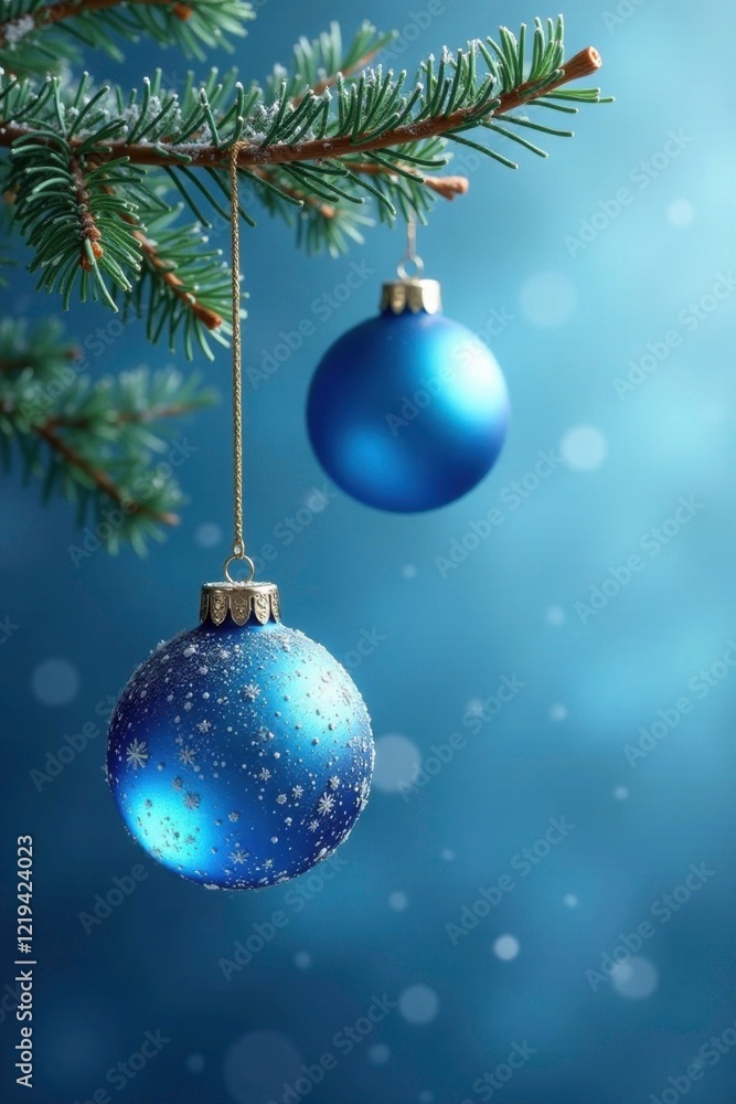 Fototapeta premium Blue glass ornaments suspended from a evergreen branch, icy, frosty