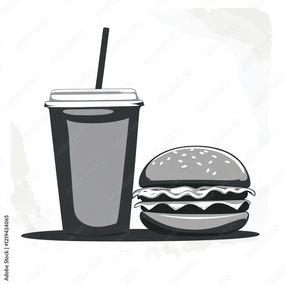 Still life of a burger and a drink, with a white backdrop. Fast food advertisement Still life of a burger and a drink, with a white backdrop. Fast food advertisement