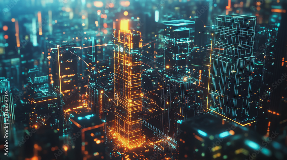 Smart digital Innovation city with connection network reciprocity over the twilight cityscape. of future smart wireless digital city and social media networking systems that connects people with city Smart digital Innovation city with connection network reciprocity over the twilight cityscape. of future smart wireless digital city and social media networking systems that connects people with city