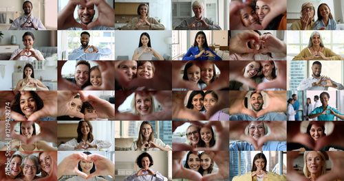 I Love You, multigenerational people, head shot of different age and race smile look at cam, join their finger showing symbol of love. Collage of smiling diverse affectionate people. Social media icon photo