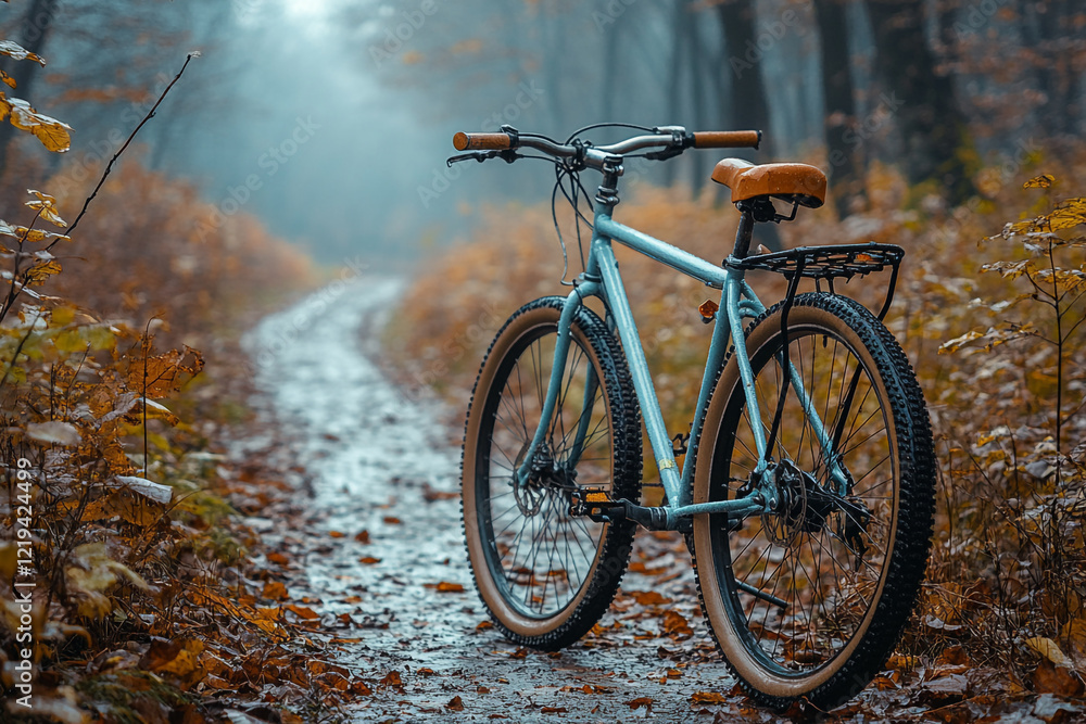 Fototapeta premium Bicycle on Autumn Forest Path in the Mist