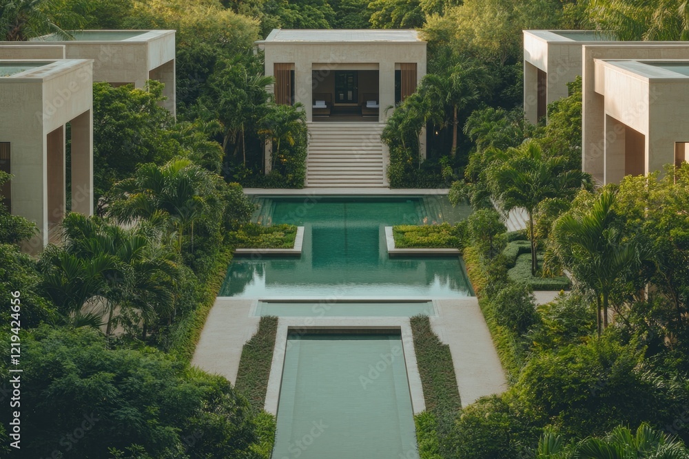 Fototapeta premium Modern architecture blends seamlessly with lush greenery, creati