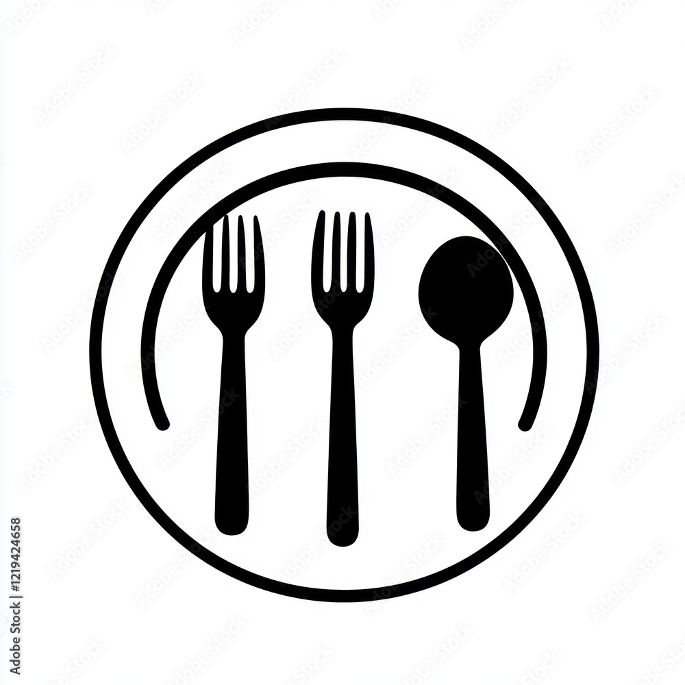 Black utensils on white plate graphic for food service, packaging, and design Black utensils on white plate graphic for food service, packaging, and design