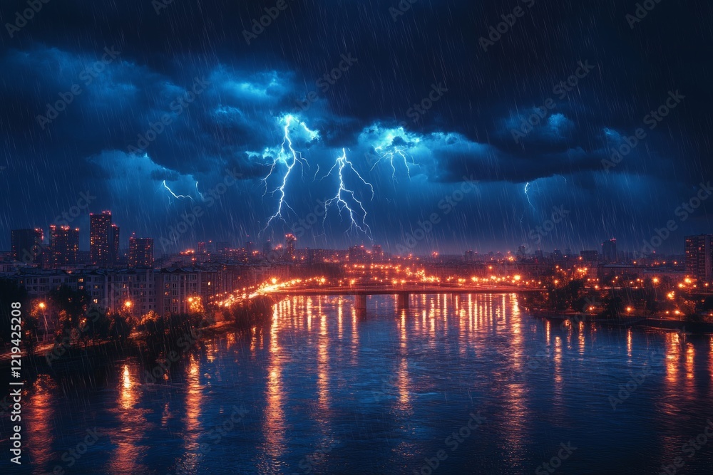 Fototapeta premium Lightning storm over city during extreme weather event