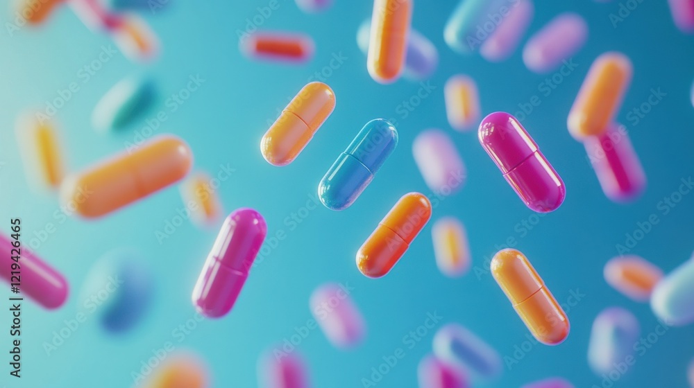 Colorful capsules and pills float against a vibrant blue background, creating a dynamic, visually appealing medical theme. Colorful capsules and pills float against a vibrant blue background, creating a dynamic, visually appealing medical theme.