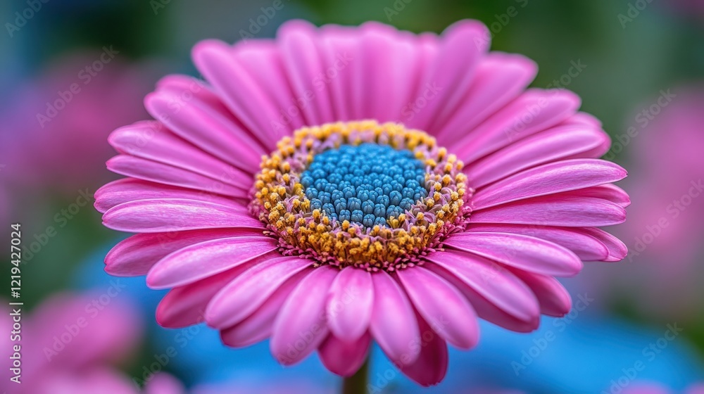 Close-up of a pink daisy with a blue and yellow center.