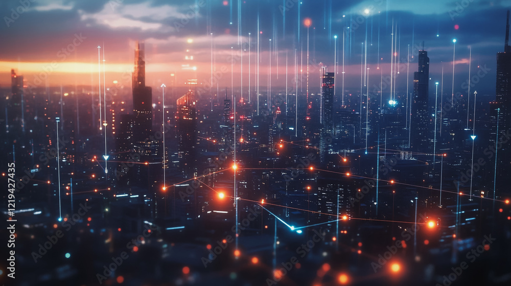 Smart digital Innovation city with connection network reciprocity over the twilight cityscape. of future smart wireless digital city and social media networking systems that connects people with city