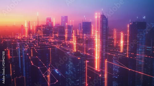 Wallpaper Mural Smart digital Innovation city with connection network reciprocity over the twilight cityscape. of future smart wireless digital city and social media networking systems that connects people with city Torontodigital.ca