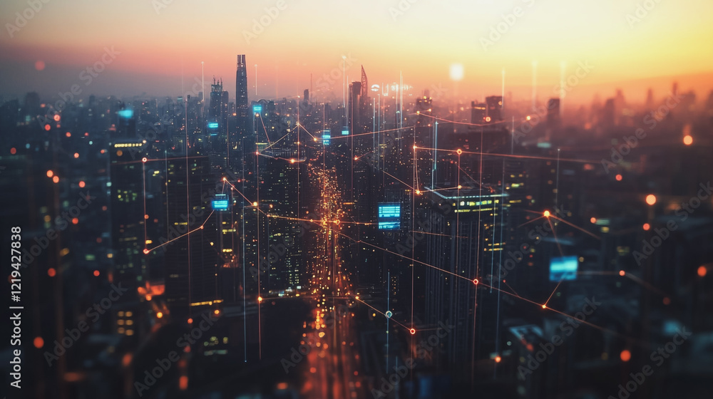 Fototapeta premium Smart digital Innovation city with connection network reciprocity over the twilight cityscape. of future smart wireless digital city and social media networking systems that connects people with city