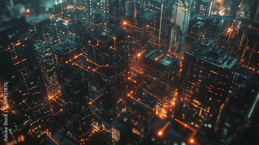 Fototapeta premium Smart digital Innovation city with connection network reciprocity over the twilight cityscape. of future smart wireless digital city and social media networking systems that connects people with city