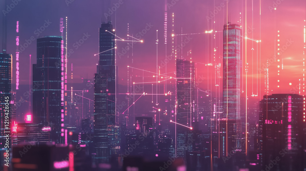 Smart digital Innovation city with connection network reciprocity over the twilight cityscape. of future smart wireless digital city and social media networking systems that connects people with city Smart digital Innovation city with connection network reciprocity over the twilight cityscape. of future smart wireless digital city and social media networking systems that connects people with city