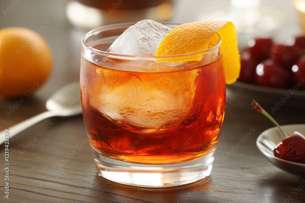 Realistic close-up of a Negroni in a crystal glass with vibrant colors and elegant garnishes on a wooden bar surface. Realistic close-up of a Negroni in a crystal glass with vibrant colors and elegant garnishes on a wooden bar surface.