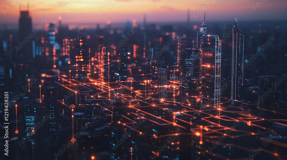 Fototapeta premium Smart digital Innovation city with connection network reciprocity over the twilight cityscape. of future smart wireless digital city and social media networking systems that connects people with city