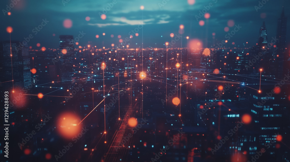 Fototapeta premium Smart digital Innovation city with connection network reciprocity over the twilight cityscape. of future smart wireless digital city and social media networking systems that connects people with city