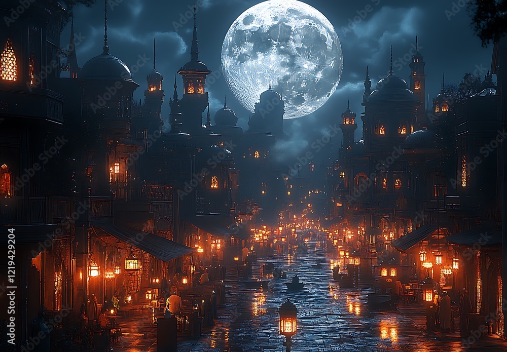 Obraz premium Moonlit Night Over an Oriental Cityscape with Lit Streets and Domed Buildings