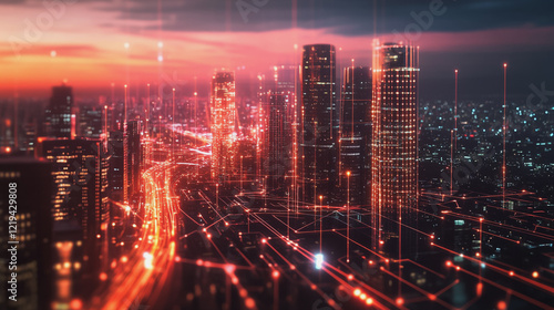 Wallpaper Mural Smart digital Innovation city with connection network reciprocity over the twilight cityscape. of future smart wireless digital city and social media networking systems that connects people with city Torontodigital.ca