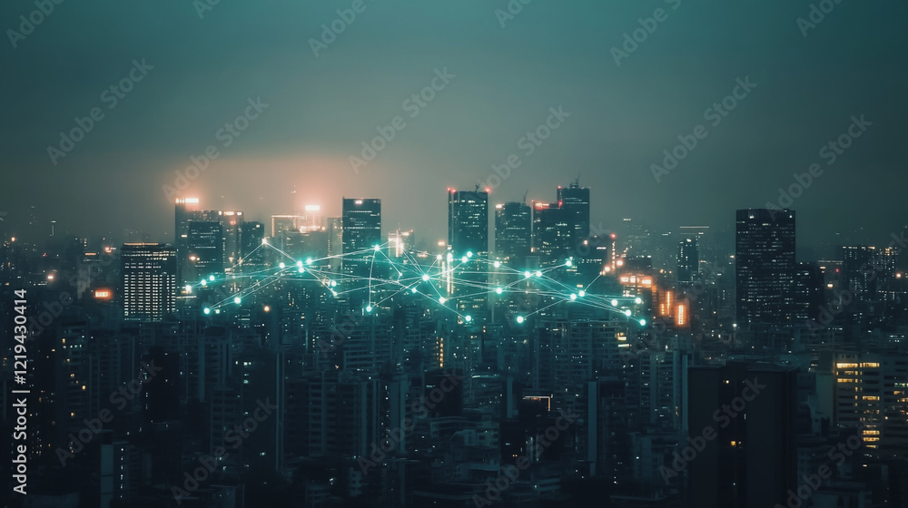 Smart digital Innovation city with connection network reciprocity over the twilight cityscape. of future smart wireless digital city and social media networking systems that connects people with city Smart digital Innovation city with connection network reciprocity over the twilight cityscape. of future smart wireless digital city and social media networking systems that connects people with city