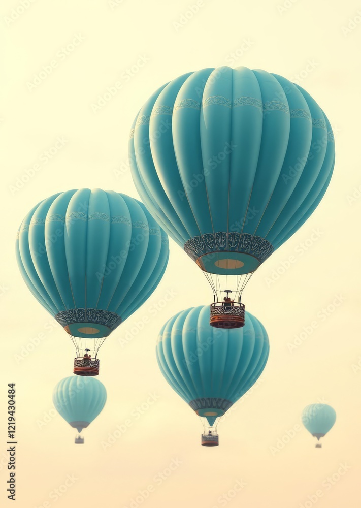 Obraz premium A serene flight of light blue hot air balloons soaring through a pastel sky dreamy and peaceful balloon background balloon background party holiday celebration decoration