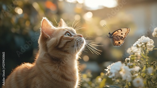 A Scottish Fold cat curiously observing a butterfly in a garden
