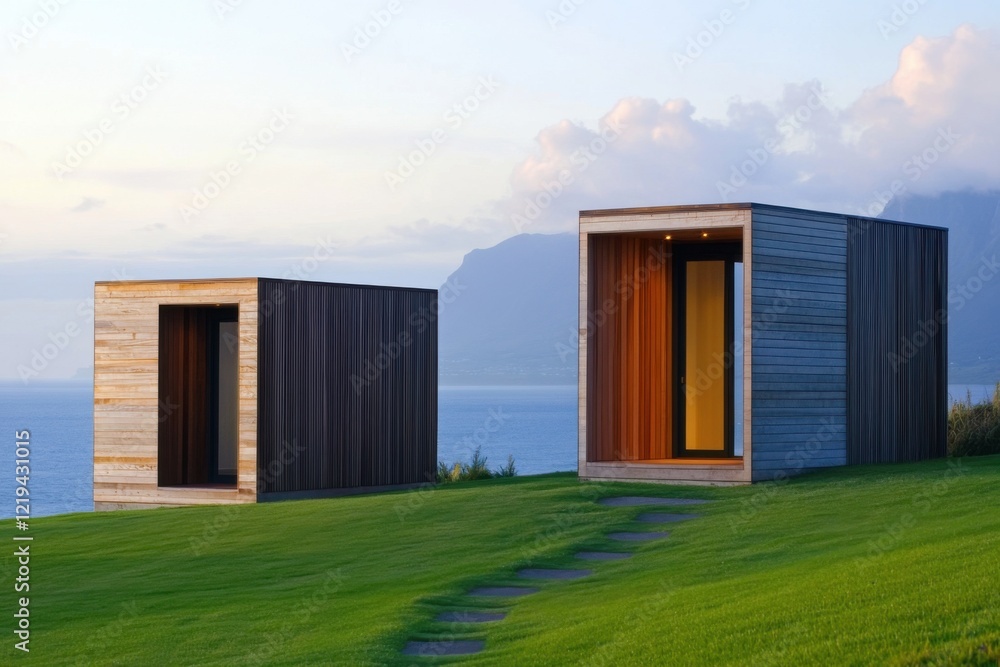 Fototapeta premium Modern wooden cabins overlooking the ocean in a serene landscape at dusk, showcasing the harmony between architecture and nature