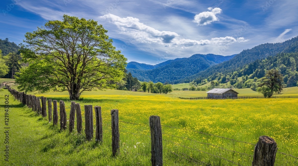 Rustic Barn Amidst Springtime Yellow Field And Mountains Rustic Barn Amidst Springtime Yellow Field And Mountains