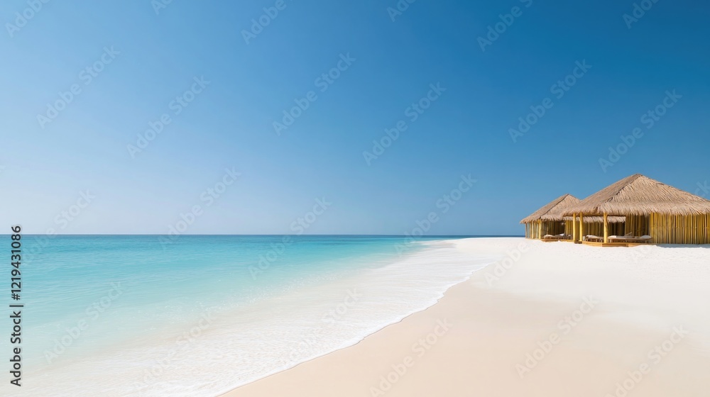 Tranquil beach scene with golden sand, crystal-clear water, and Tranquil beach scene with golden sand, crystal-clear water, and