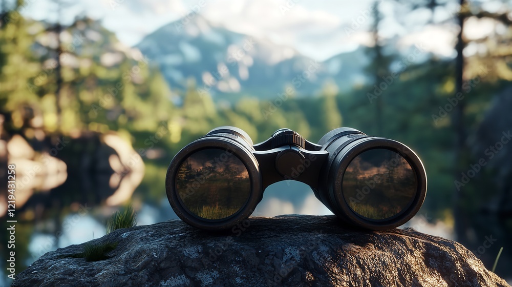 Detailed close up of classic yellow binoculars against a softly blurred natural backdrop Detailed close up of classic yellow binoculars against a softly blurred natural backdrop