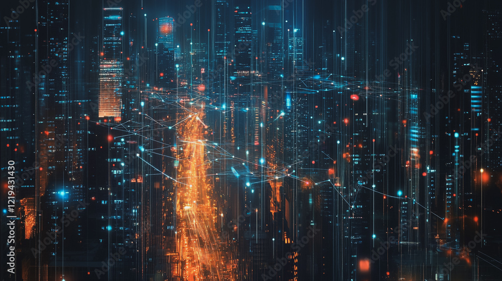 Obraz premium Smart digital Innovation city with connection network reciprocity over the twilight cityscape. of future smart wireless digital city and social media networking systems that connects people with city