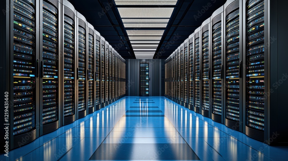 A high-tech data center with rows of server racks, featuring a polished floor and structured lighting, showcasing modern infrastructure. A high-tech data center with rows of server racks, featuring a polished floor and structured lighting, showcasing modern infrastructure.