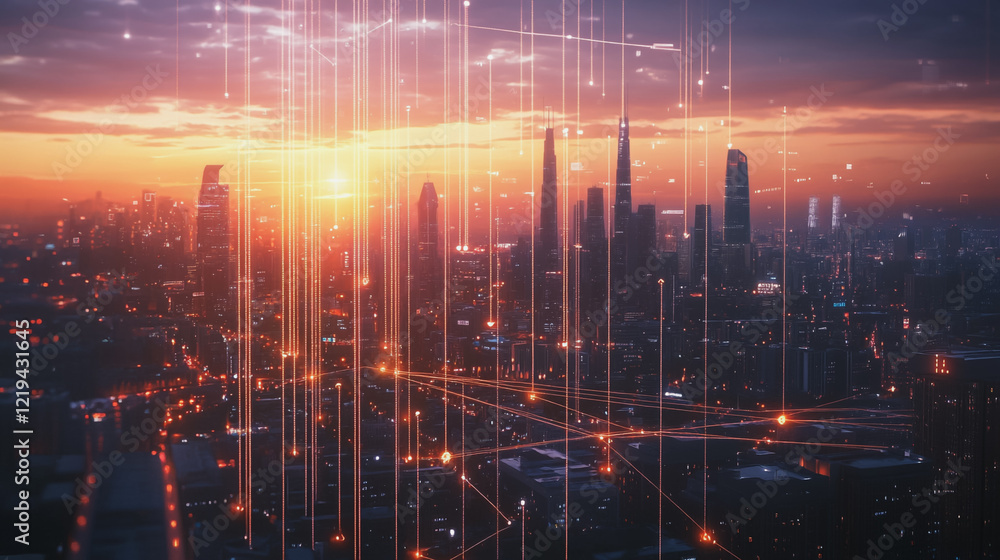 Fototapeta premium Smart digital Innovation city with connection network reciprocity over the twilight cityscape. of future smart wireless digital city and social media networking systems that connects people with city