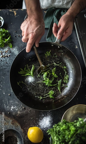 Chef sautéing fresh greens with zesty lemon
