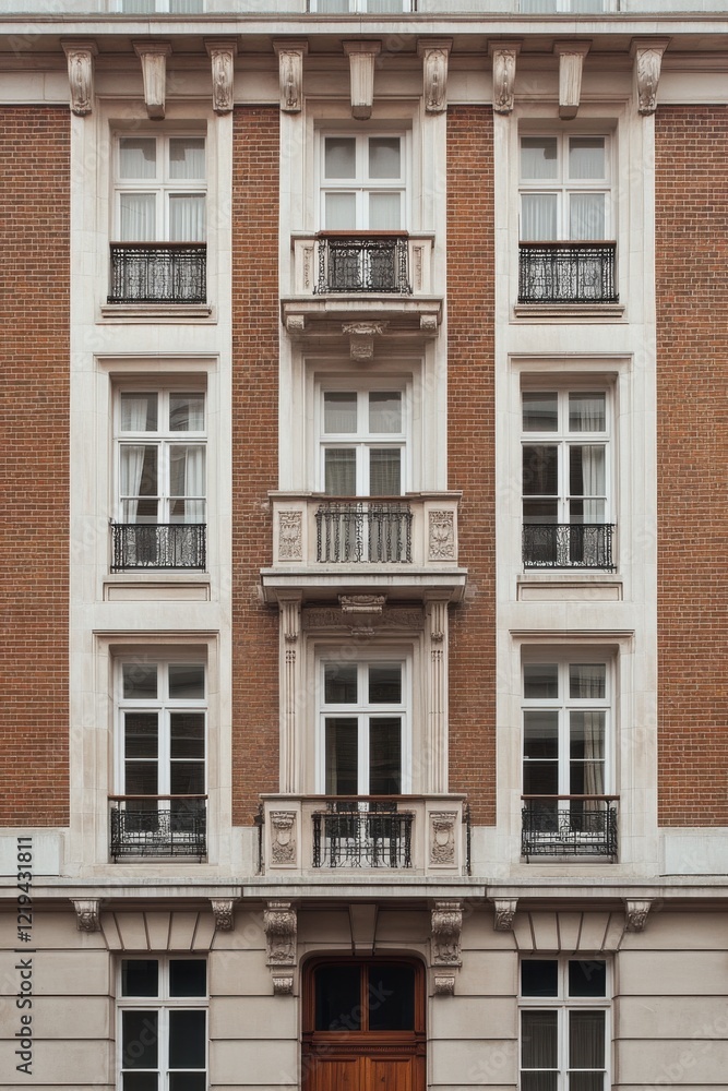 The stunning architecture of a brick building features charming balconies, all set against an urban backdrop that highlights classic European design elements The stunning architecture of a brick building features charming balconies, all set against an urban backdrop that highlights classic European design elements