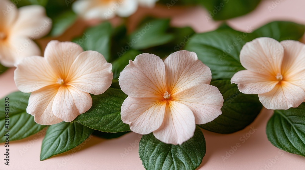 Fototapeta premium Closeup of pastel pink flowers with green leaves on pink background.