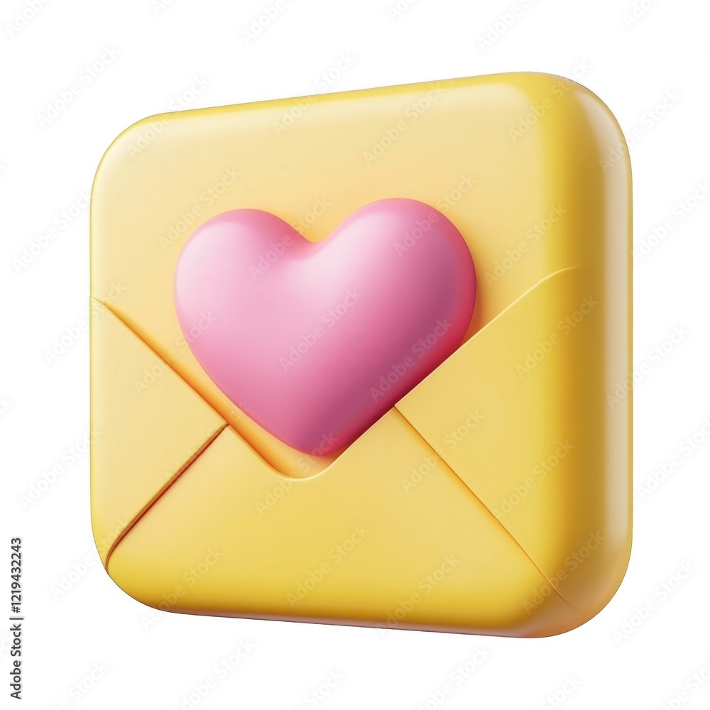 3d icon Valentine Pink heart mail emerging from yellow envelope, love message floating isolated on white background