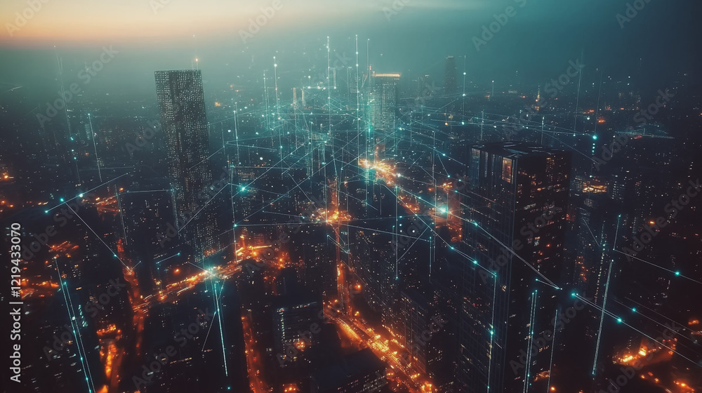 Obraz premium Smart digital Innovation city with connection network reciprocity over the twilight cityscape. of future smart wireless digital city and social media networking systems that connects people with city