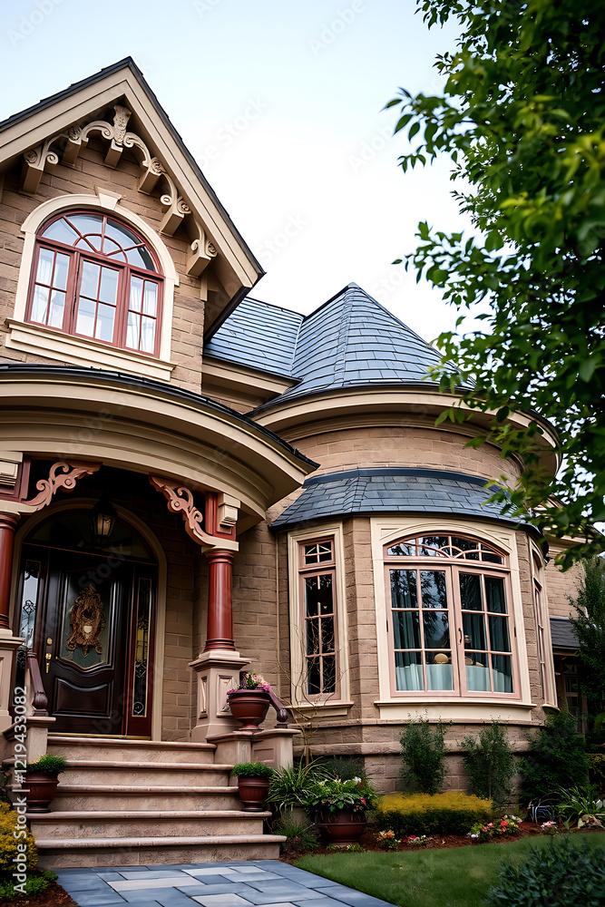 Obraz premium Magnificent Victorian House Exterior: Architectural Details and Landscaping