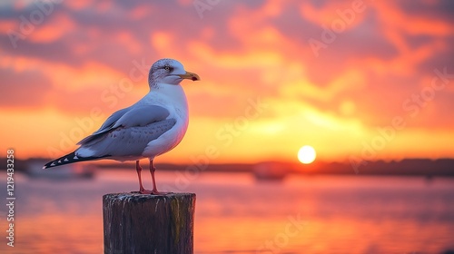 A seagull perched on a wooden post near a harbor under dramatic skies photo