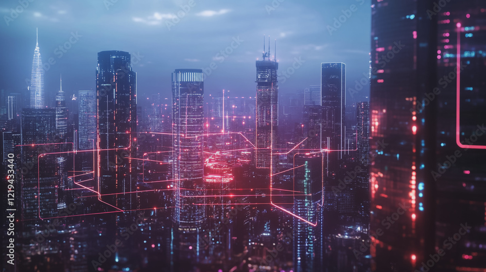Fototapeta premium Smart digital Innovation city with connection network reciprocity over the twilight cityscape. of future smart wireless digital city and social media networking systems that connects people with city