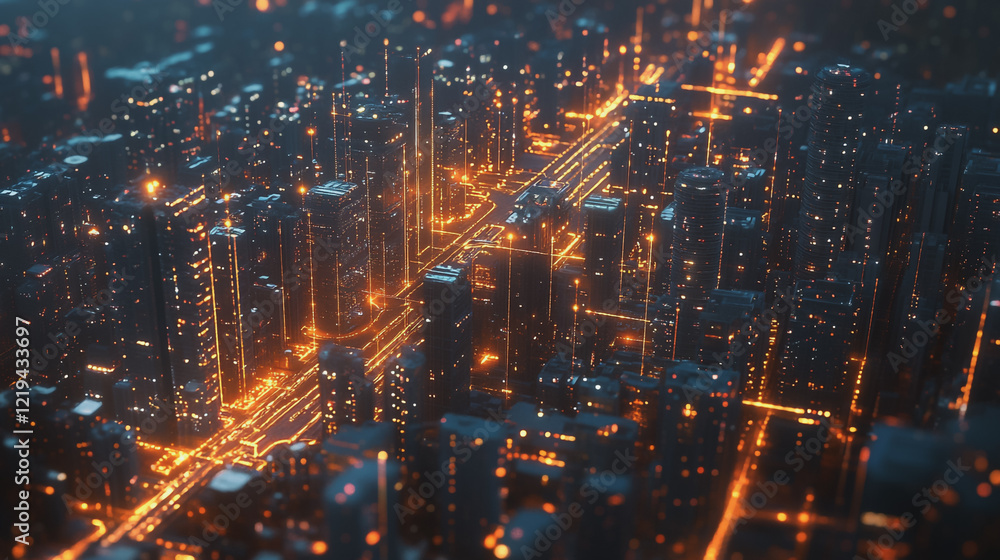 Smart digital Innovation city with connection network reciprocity over the twilight cityscape. of future smart wireless digital city and social media networking systems that connects people with city