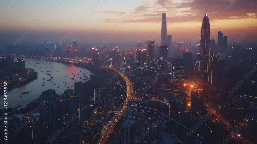 Fototapeta premium Smart digital Innovation city with connection network reciprocity over the twilight cityscape. of future smart wireless digital city and social media networking systems that connects people with city