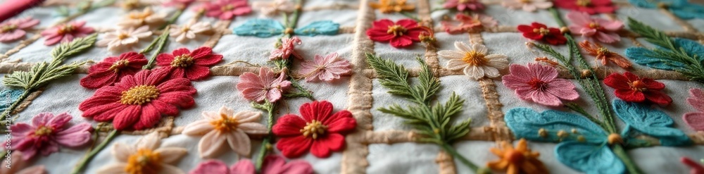 intricate stitching and embroidery on a handmade quilt under a trellis, stitching, trellis, details intricate stitching and embroidery on a handmade quilt under a trellis, stitching, trellis, details