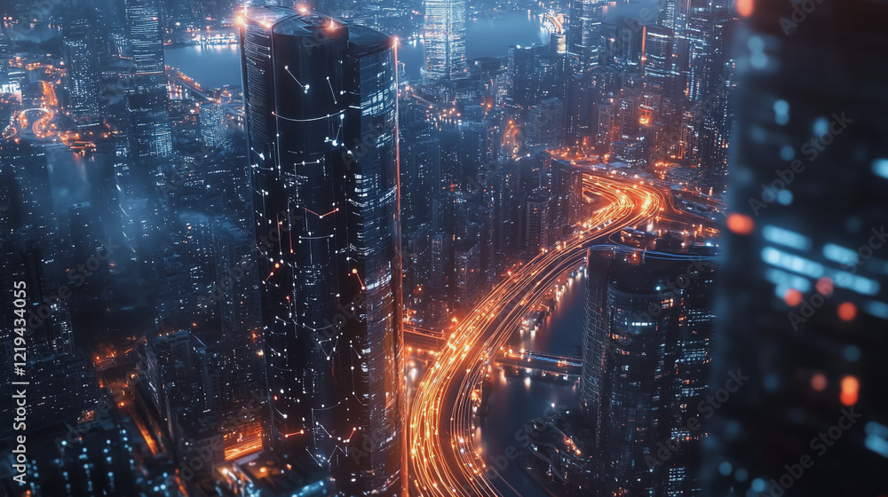 Smart digital Innovation city with connection network reciprocity over the twilight cityscape. of future smart wireless digital city and social media networking systems that connects people with city Smart digital Innovation city with connection network reciprocity over the twilight cityscape. of future smart wireless digital city and social media networking systems that connects people with city