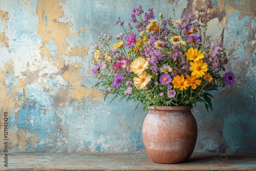 Bright wildflower bouquet in a rustic vase against a textured backdrop