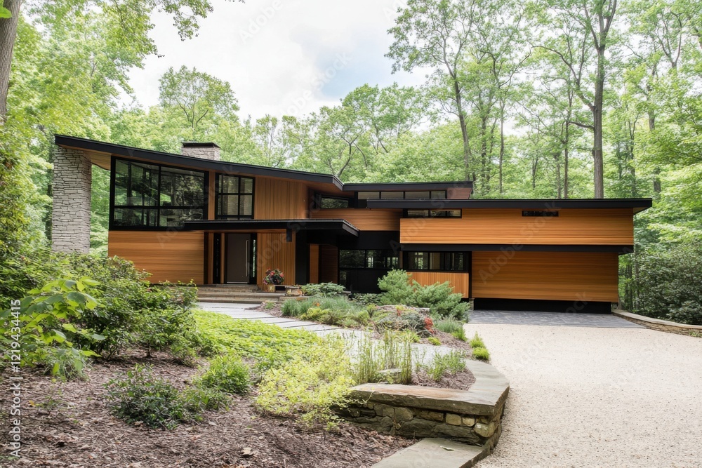 Modern architectural masterpiece situated in a lush forest setting with natural landscaping and a welcoming entrance, showcasing a blend of wood and stone design elements Modern architectural masterpiece situated in a lush forest setting with natural landscaping and a welcoming entrance, showcasing a blend of wood and stone design elements