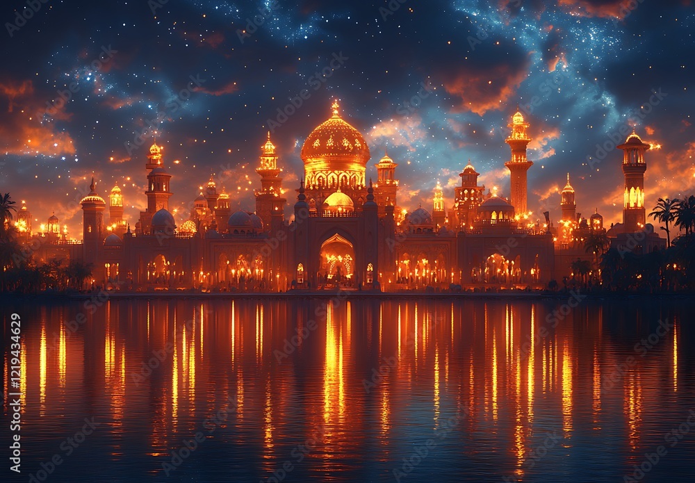 Naklejka premium Illuminated Palatial Buildings with Domes and Spires Reflected on Water Against a Starry Night Sky