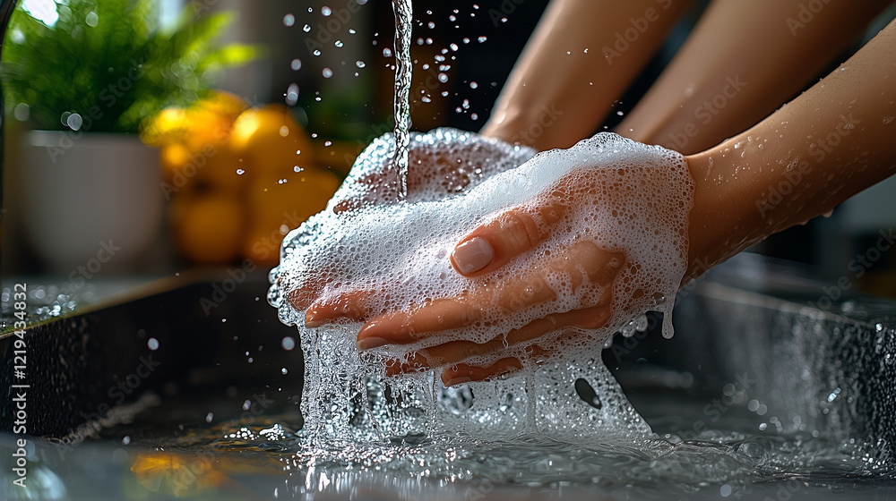 Fototapeta premium Hands washing with soap under clean running water