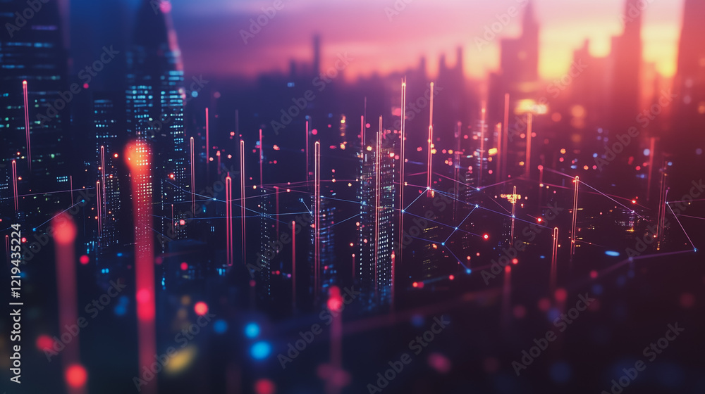 Obraz premium Smart digital Innovation city with connection network reciprocity over the twilight cityscape. of future smart wireless digital city and social media networking systems that connects people with city 