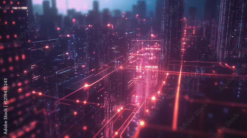 Obraz premium Smart digital Innovation city with connection network reciprocity over the twilight cityscape. of future smart wireless digital city and social media networking systems that connects people with city 